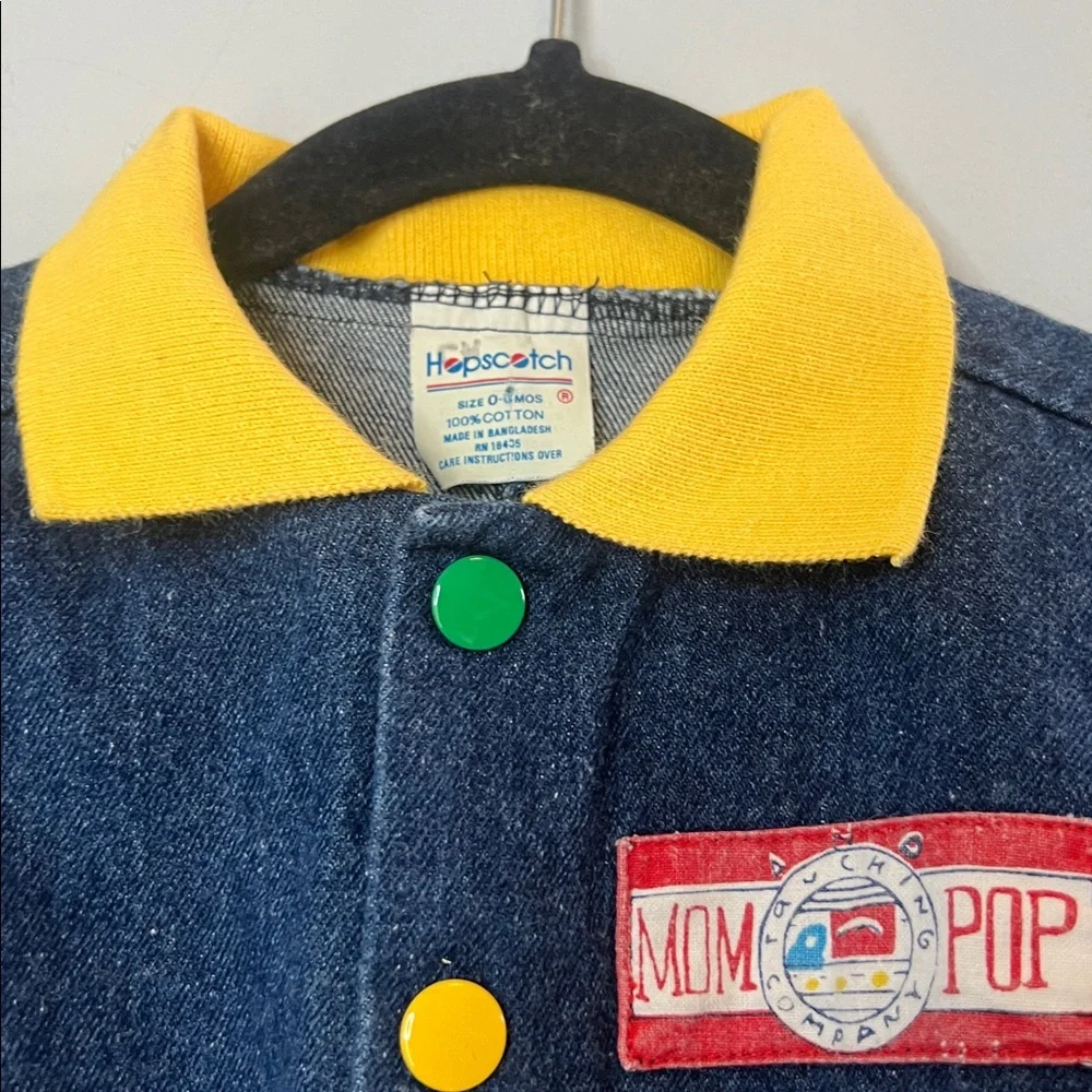 Vintage 1980'2 1990's Kids Blue‎ Denim Jumpsuit Yellow Red Green Baby 0-3 Months